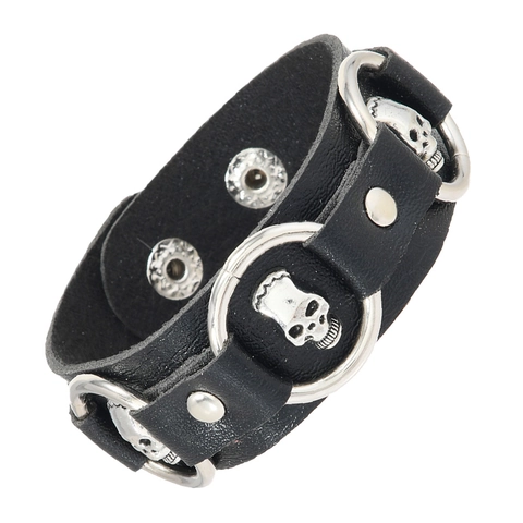 Punk Gothic Leather Skull Bracelet For Men Adjustable Black Wide Wrap Cuff With Metal Rings Rock Style Jewelry Gift