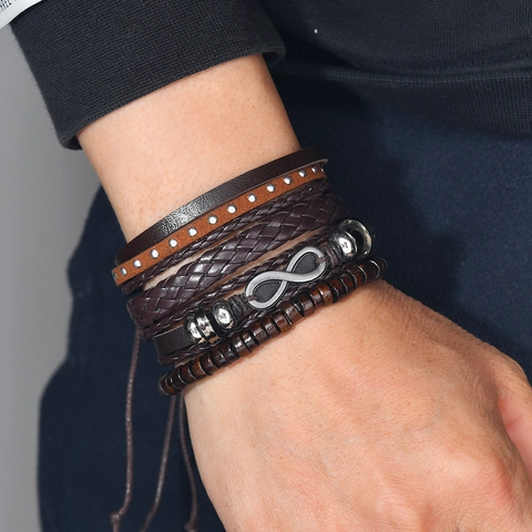 Bracciale in Pelle Multistrato Vintage da Uomo Simbolo dell'Infinito Perle in Legno Intrecciato a Mano Borchie Punk Braccialetti per Uomo Donna Gioielli