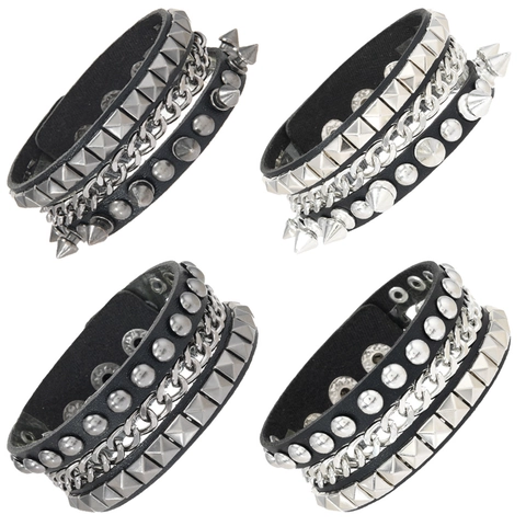 Punk Rock Leather Bracelet For Men Women Rivet Spike Chain Multi Layer Adjustable Wrap Biker Wristband Fashion Jewelry