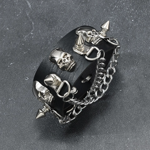 Punk Gothic Leather Bracelet Adjustable Skull Stud Rivet Chain Wide Cuff Bracelet Biker Rock Fashion Jewelry Accessories