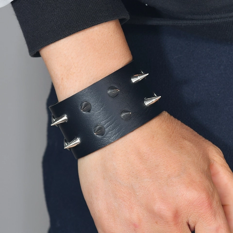 Punk Gothic Breites Schwarzes Lederarmband Mit Silberlegierung Stachel Nieten Verstellbares Rock Armband Damen Herren Schmuck