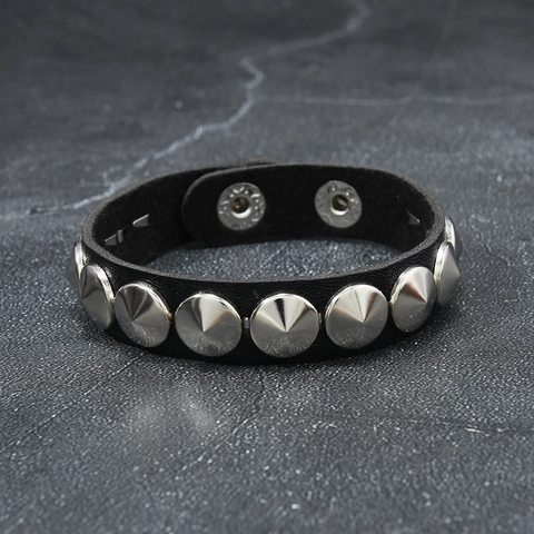 Punk Rock Schwarz Lederarmband Mit Silber Kegelnieten Gothisch Harajuku Stil Verstellbar Druckknopf Armreif Für Herren Damen