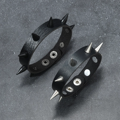 Pulsera de Cuero con Remaches Punk para Hombre Unisex Botón de Presión Ajustable Brazalete de Picos de Metal Joyería Gótica Negro Plata
