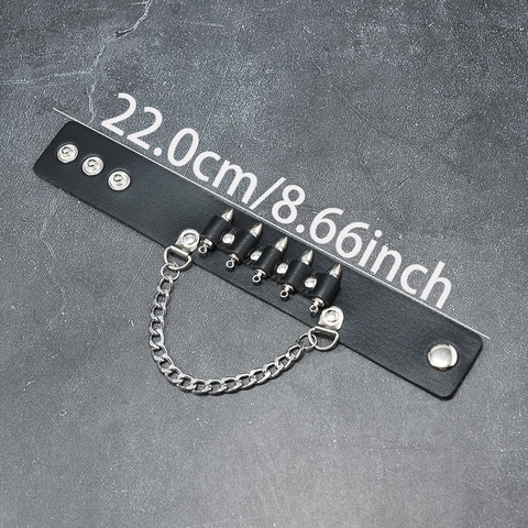 Men Punk Rock Leather Bracelet With Spiked Rivets Metal Chain Adjustable Gothic Wristband Personalized Fashion Jewelry Black Silver Tone