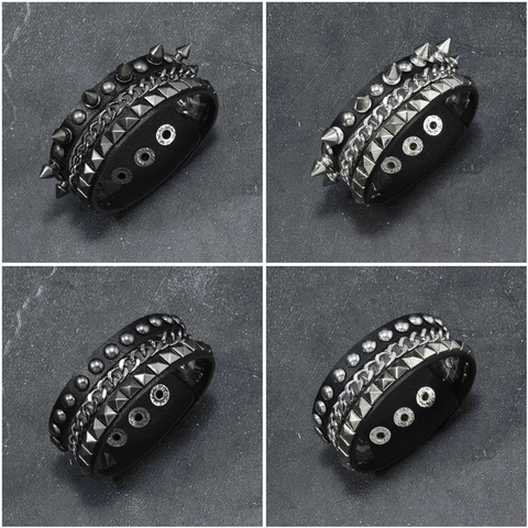 Punk Rock Leather Bracelet For Men Women Rivet Spike Chain Multi Layer Adjustable Wrap Biker Wristband Fashion Jewelry