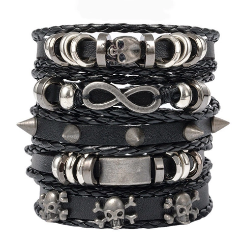 Herren Mehrlagiges Geflochtenes Lederarmband Mit Legierung Totenkopf Unendlichkeitssymbol Gothic Rock Punk Verstellbarer Schmuck