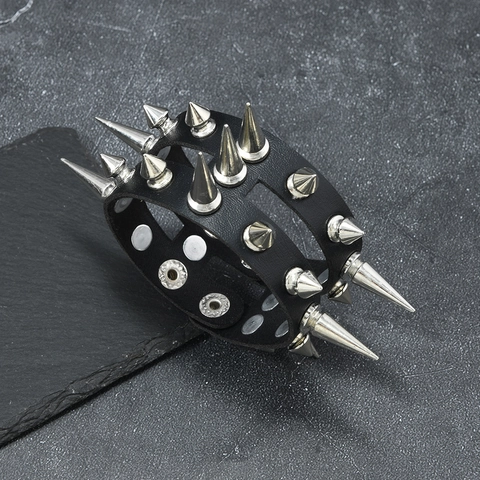 Punk Rock Gothic Dubbele Rij Studs Leren Armband Voor Heren Opengewerkte Klinknagel Manchet Armband Individuele Zwarte Leren Polsband Sieraden