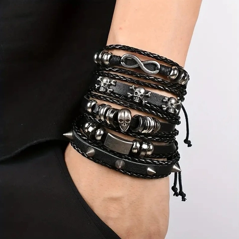 Herren Mehrlagiges Geflochtenes Lederarmband Mit Legierung Totenkopf Unendlichkeitssymbol Gothic Rock Punk Verstellbarer Schmuck