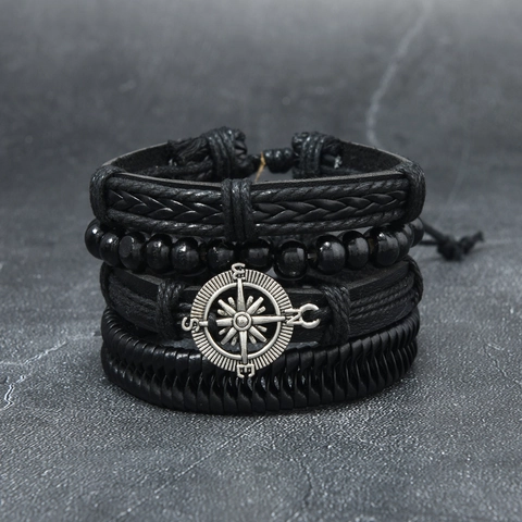 Vintage Compass Leather Bracelet Men Braided Multi-layer Bracelet Hand-woven Wood Beads Punk Biker Fashion Jewelry For Men