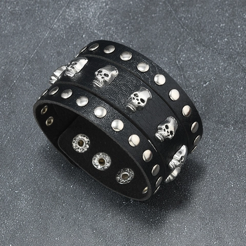 Herren Punk Vintage Schwarz Leder Armband Silber Metall Totenkopf Nieten Verstellbar Rock Armreif Mode Schmuck