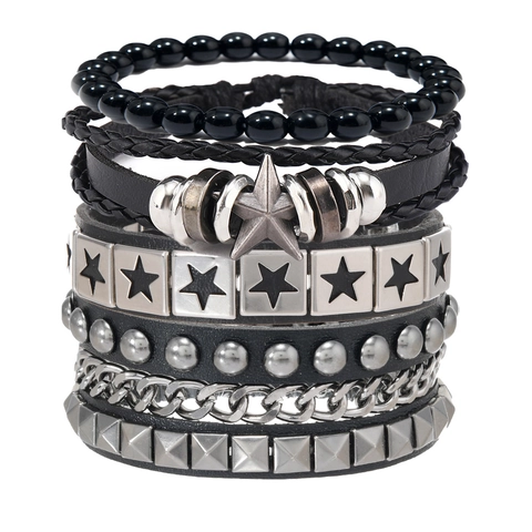 Punk Multi Layer Leather Bracelet Set For Men Star Alloy Rivet Chain Vintage Gothic Handmade Unisex Jewelry Adjustable Wristband
