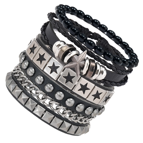 Punk Multi Layer Leather Bracelet Set For Men Star Alloy Rivet Chain Vintage Gothic Handmade Unisex Jewelry Adjustable Wristband