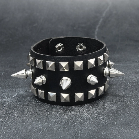 Men Punk Wide Leather Bracelet With Alloy Silver Rivets And Spikes Gothic Rock Multi-layer Adjustable Cuff Bracelet Bangle Jewelry