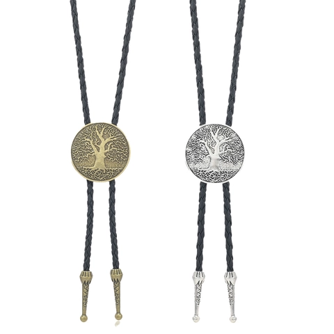 Vintage Tree Of Life Bolo Tie Braided Leather Cord Round Alloy Pendant Western Cowboy Style Adjustable Necklace For Men Women