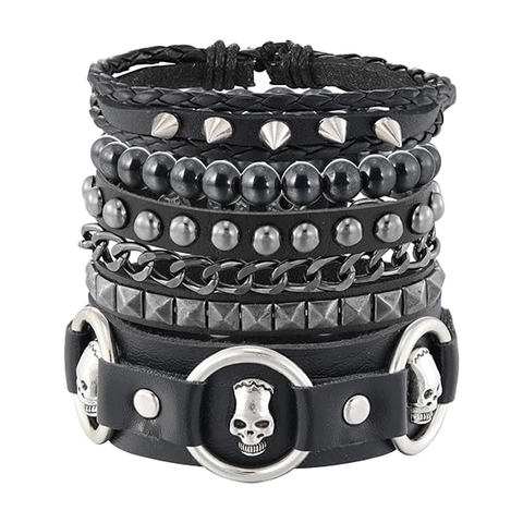 Heren Punk Lederen Armband Set Met Schedel Bedels En Klinknagels Meerlaags Gevlochten Ketting Gothic Sieraden Accessoires