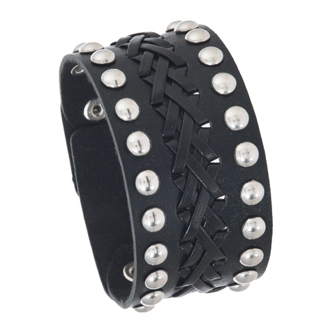 Vintage Punk Wide Leather Bracelet For Men Woven Black Leather Cuff Silver Rivet Adjustable Snap Handcrafted Jewelry
