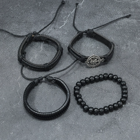 Vintage Compass Leather Bracelet Men Braided Multi-layer Bracelet Hand-woven Wood Beads Punk Biker Fashion Jewelry For Men