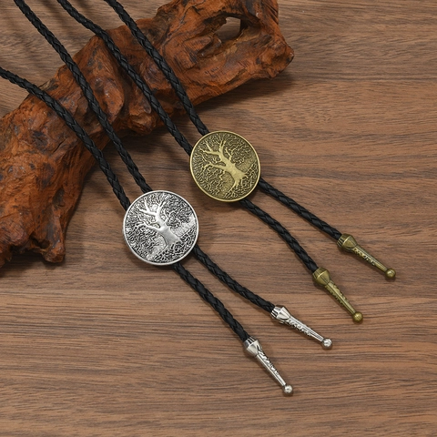 Vintage Tree Of Life Bolo Tie Braided Leather Cord Round Alloy Pendant Western Cowboy Style Adjustable Necklace For Men Women