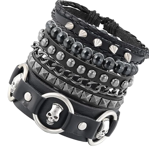 Heren Punk Lederen Armband Set Met Schedel Bedels En Klinknagels Meerlaags Gevlochten Ketting Gothic Sieraden Accessoires