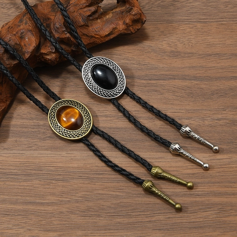 Cravatta Bolo da Uomo Western Vintage Pietra Acrilica Ovale Retro Motivo Nodo Celtico Corda in Pelle Intrecciata Collana Gioielli