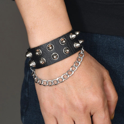 Men Punk Gothic Leather Bracelet With Silver Metal Rivet Studs And Hanging Chain Retro Rock Style Wristband Jewelry Gift