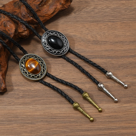 Corbata Bolo Vintage Western Collar de Cordón de Cuero Trenzado Retro Con Colgante de Gema Acrílica Ovalada Para Hombre Mujer