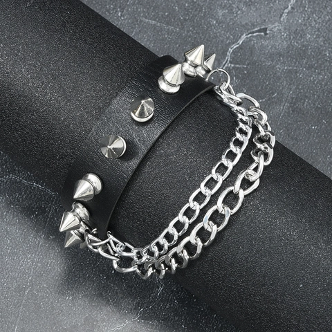 Bracciale in Pelle Punk con Borchie e Catena a Doppio Strato Gothic Rock Braccialetto Regolabile per Uomo Donna Gioielli