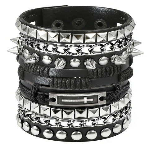 Punk Leather Wax Thread Bracelet Set With Alloy Cross Rivet Spike Layered Rock Bangle Men Jewelry Accessory Gift