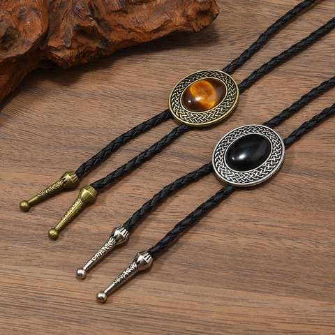Cravatta Bolo da Uomo Western Vintage Pietra Acrilica Ovale Retro Motivo Nodo Celtico Corda in Pelle Intrecciata Collana Gioielli