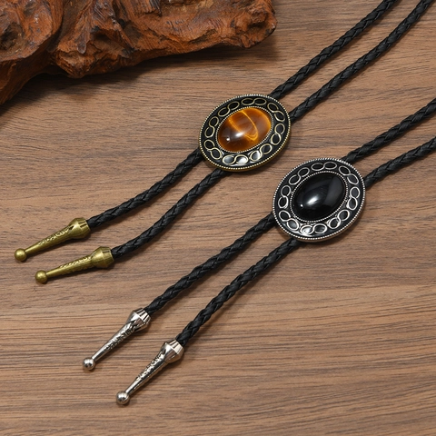 Corbata Bolo Vintage Western Collar de Cordón de Cuero Trenzado Retro Con Colgante de Gema Acrílica Ovalada Para Hombre Mujer