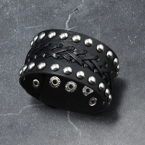 Vintage Punk Wide Leather Bracelet For Men Woven Black Leather Cuff Silver Rivet Adjustable Snap Handcrafted Jewelry