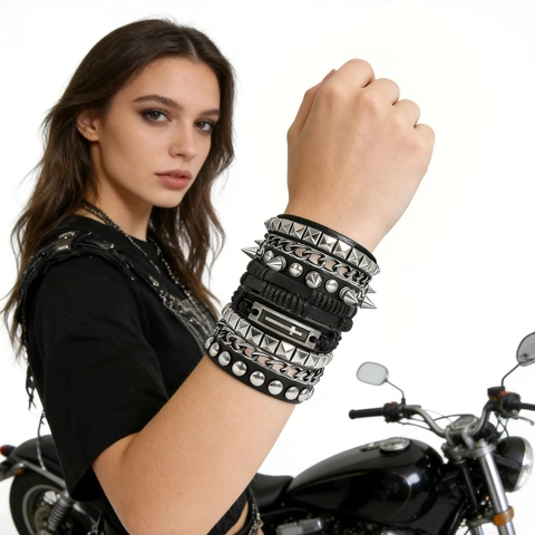 Punk Leather Wax Thread Bracelet Set With Alloy Cross Rivet Spike Layered Rock Bangle Men Jewelry Accessory Gift