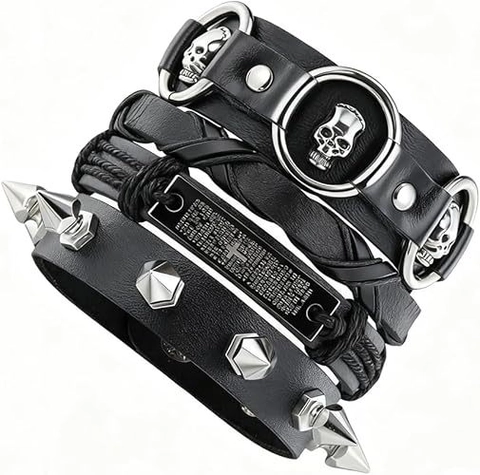Punk Rock Leather Skull Bracelet Set For Men Women Multilayer Braided Rope Cross Script Metal Plate Adjustable Fashion Jewelry Gift