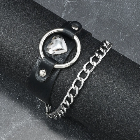 Bracciale in Pelle Punk Unisex Vintage Rock Hip Hop Cuore Catena Lega Borchie Polsino Gotico Streetwear Gioielli Regalo