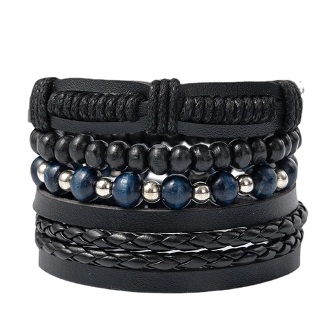 Vintage Multi-layer Braided Leather Beaded Bracelets For Men Women Handmade Wood Bead Alloy Charm Punk Bohemian Jewelry