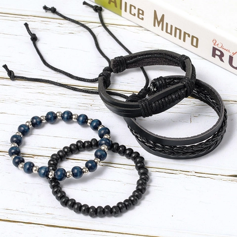 Vintage Multi-layer Braided Leather Beaded Bracelets For Men Women Handmade Wood Bead Alloy Charm Punk Bohemian Jewelry
