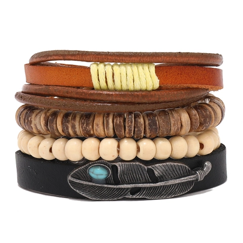 Men Vintage Multilayer Leather Bracelet Set Bohemian Ethnic Handmade Feather Wood Bead Adjustable Bracelet Jewelry Accessory Gift