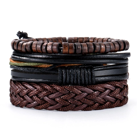 Bracciale in Pelle Multistrato Vintage Punk per Uomo Fatto a Mano Intrecciato Perline in Legno Lega Timone Gioielli