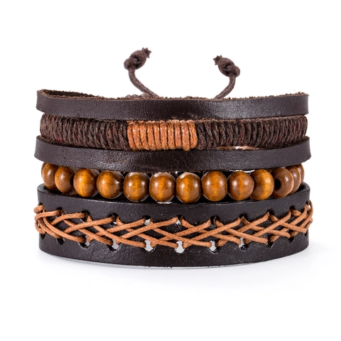 Vintage Multi-Layer Handmade Woven Leather Bracelet For Men Women Cowhide PU Alloy Wood Bead Retro Punk Adjustable Jewelry