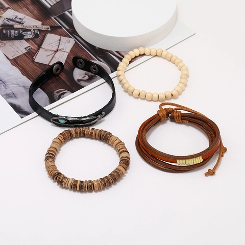 Men Vintage Multilayer Leather Bracelet Set Bohemian Ethnic Handmade Feather Wood Bead Adjustable Bracelet Jewelry Accessory Gift