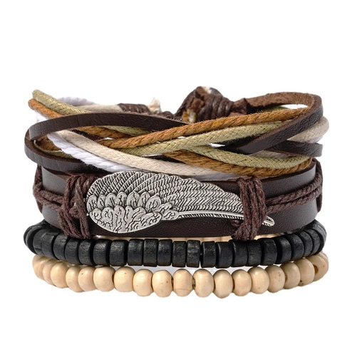 Vintage Boho Mehrlagiges Armband Set Legierung Flügel Feder Leder Holz Perlen Handgefertigt Ethnisch Punk Schmuck Damen Herren