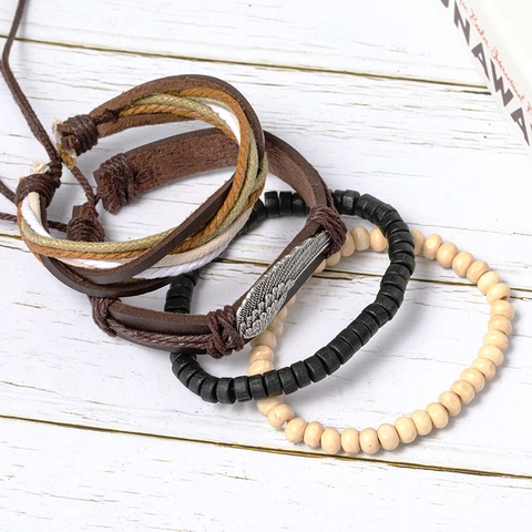 Vintage Boho Mehrlagiges Armband Set Legierung Flügel Feder Leder Holz Perlen Handgefertigt Ethnisch Punk Schmuck Damen Herren