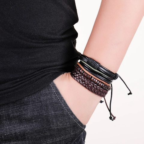 Bracciale in Pelle Multistrato Vintage Punk per Uomo Fatto a Mano Intrecciato Perline in Legno Lega Timone Gioielli