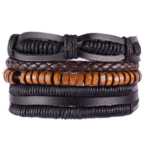 Vintage Multilayer Leather Bracelet For Men Handwoven Braided Cowhide Alloy Rudder Skull Charms Wood Bead Adjustable Bracelet Jewelry
