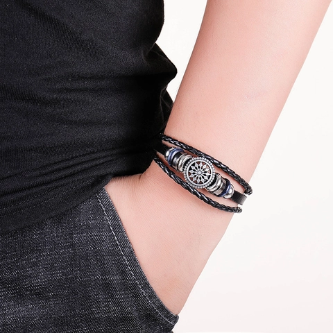Pulsera Trenzada de Cuero de Aleación Vintage para Hombre Mujer Girasol Metal Encanto Multicapa Punk Bohemio Joyería