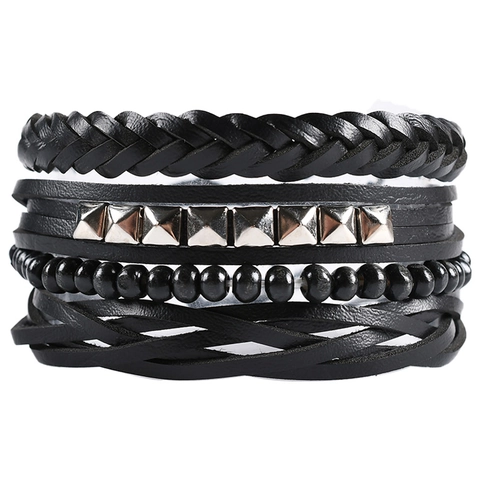 Heren Punk Meerlaagse PU Leren Armbanden Verstelbaar Handgemaakt Piramide Noppen Legering Retro Mode Polsbandjes Sieraden Cadeau