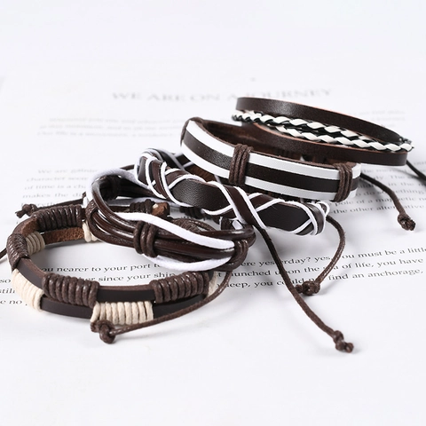 Bracciale in Pelle di Vacchetta Multistrato Vintage Punk Cordino Intrecciato a Mano Polsino per Uomo Donna Gioielli Boho Retro