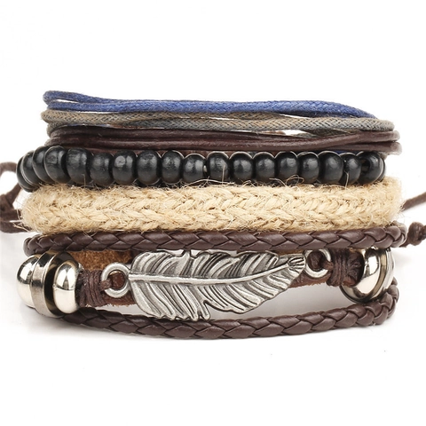 Retro Multilayer Cowhide Leather Bracelet For Men Women Zinc Alloy Feather Pendant Woven Hemp Rope Wood Beads Adjustable Punk Jewelry