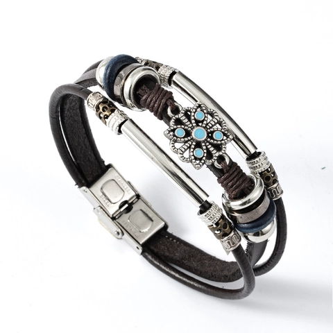 Vintage Mehrschichtiges Herren Lederarmband Mit Künstlichem Türkis Blumen Akzent Retro Punk Edelstahl Verschluss Schmuck