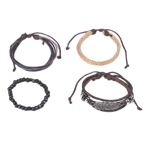 Retro Multilayer Cowhide Leather Bracelet For Men Women Zinc Alloy Feather Pendant Woven Hemp Rope Wood Beads Adjustable Punk Jewelry